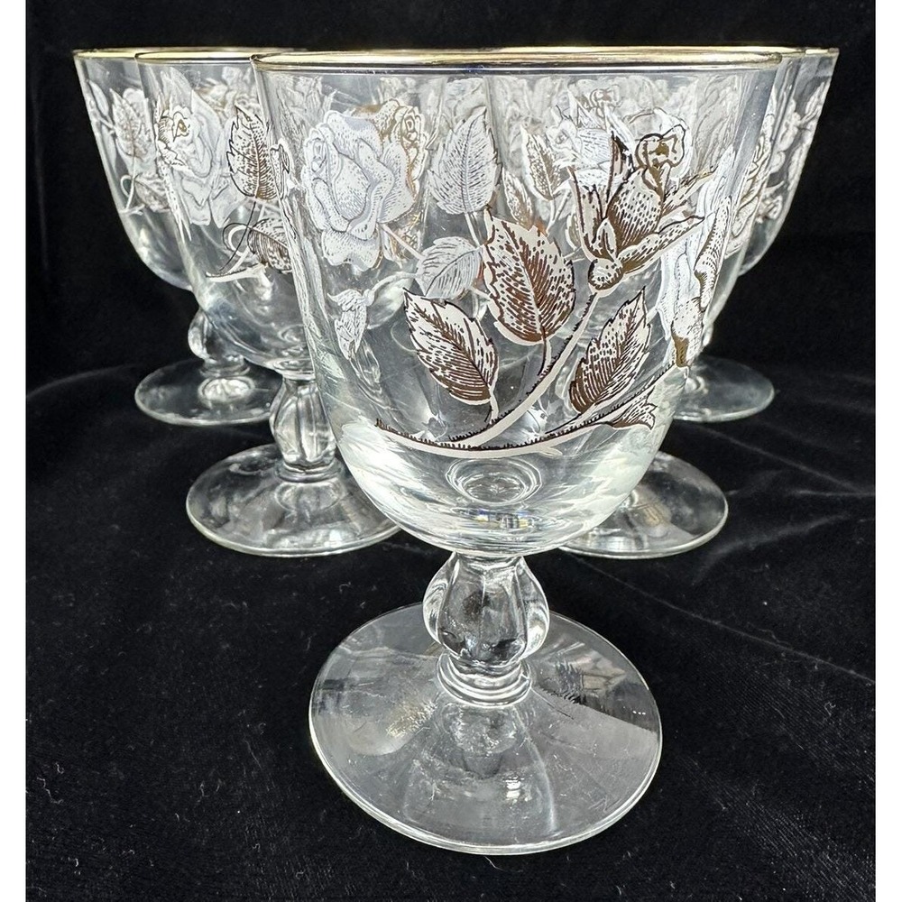 Vtg Libbey White Rose Bouquet Glass Water Goblet Stemmed 8 oz Set Of 6